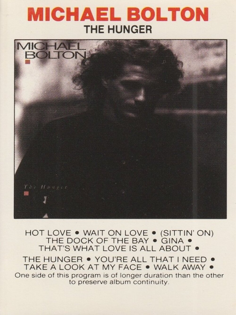Michael Bolton - The Hunger - 1987 Cassette Tape